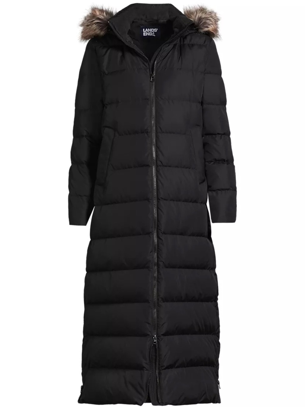 Lands' End Black Long Quilted Puffer Coat with Faux-Fur Trim Hood
